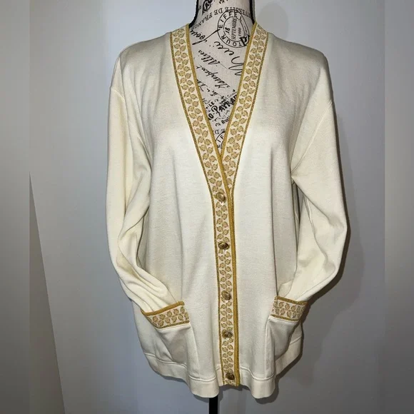 VTG 90s Cathy Daniel’s Ivory & Gold Trim Cardigan/Size Large - Picture 1 of 14